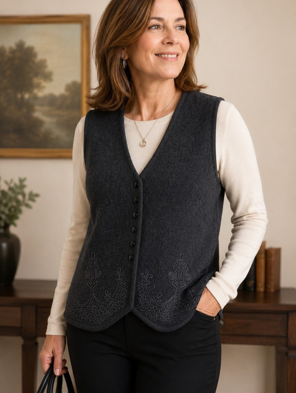 Herman Geist 100% Wool Embroidered Button Front Vest NWT Women's Large Black